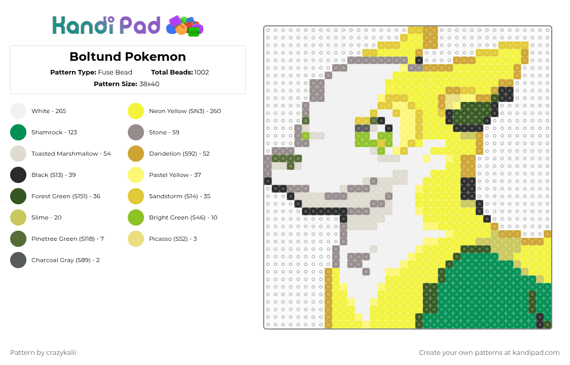 Boltund Pokemon - Fuse Bead Pattern by crazykalii on Kandi Pad - yellow,green,pokemon,boltund,gen viii