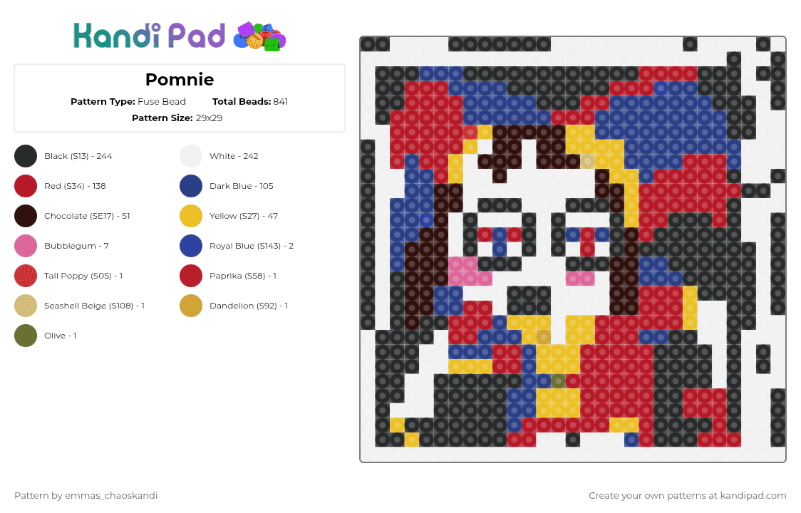 Pomnie - Fuse Bead Pattern by emmas_chaoskandi on Kandi Pad - white,blue,red,brown,colorful