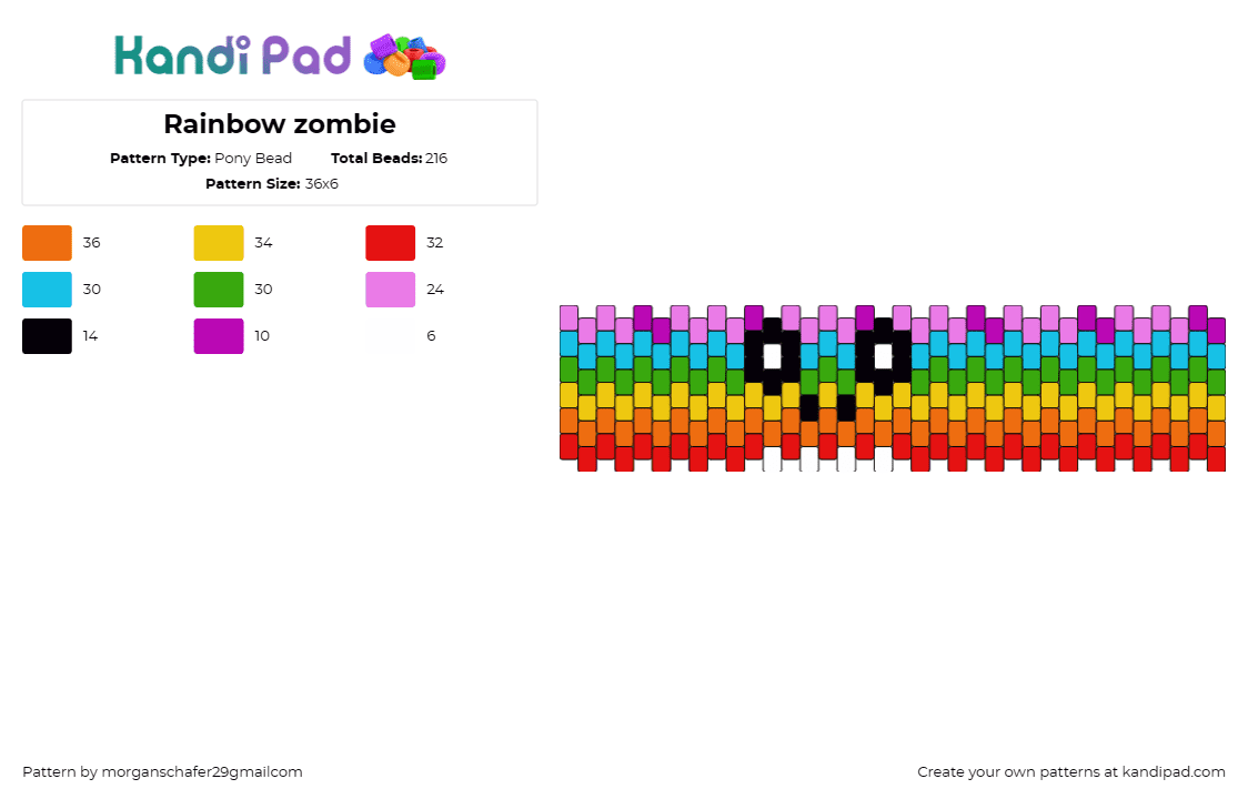 Rainbow zombie - Pony Bead Pattern by morganschafer29gmailcom on Kandi Pad - zombie,rainbow,horizontal,stripes,spooky,cuff,colorful,halloween,orange,green