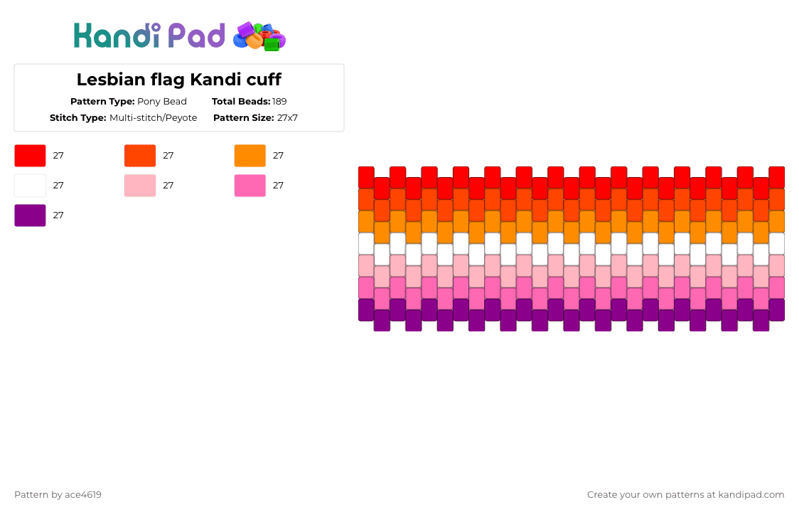 Lesbian flag Kandi cuff - Pony Bead Pattern by ace4619 on Kandi Pad - pink, red