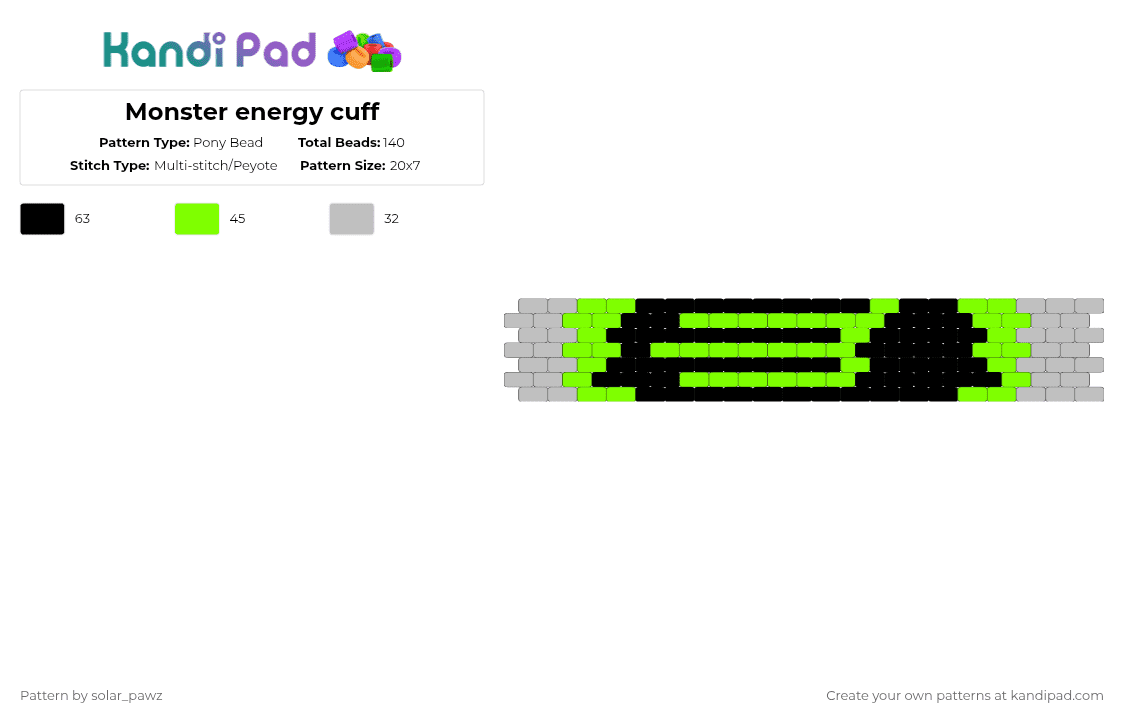 Monster energy cuff - Pony Bead Pattern by solar_pawz on Kandi Pad - green,beige