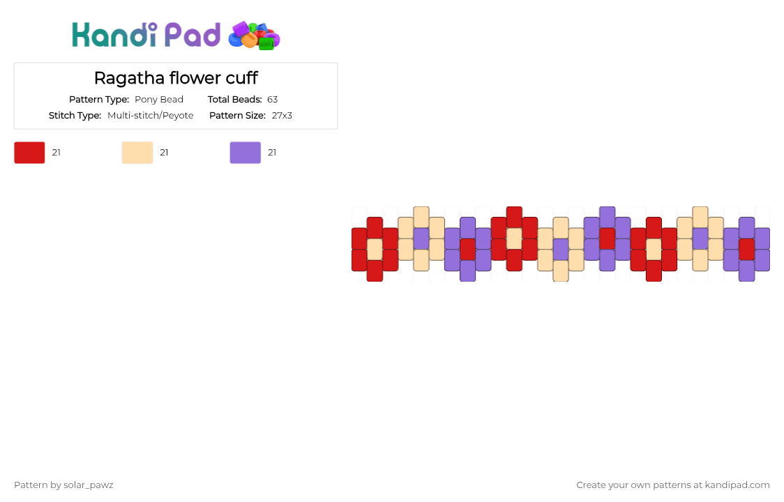 Ragatha flower cuff - Pony Bead Pattern by solar_pawz on Kandi Pad - red,beige,purple