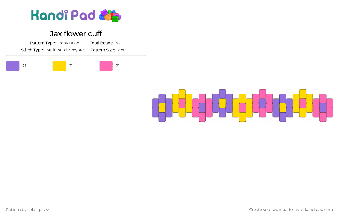 Jax flower cuff - Pony Bead Pattern by solar_pawz on Kandi Pad - purple,yellow,pink