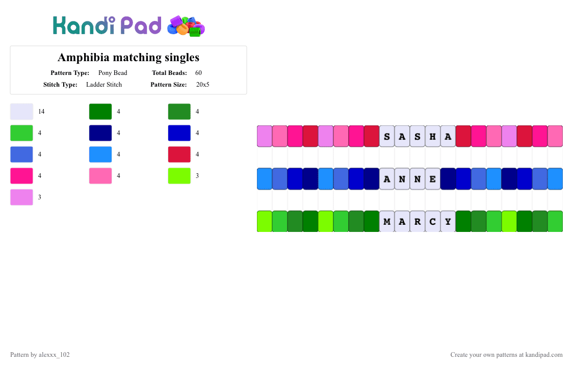 Amphibia matching singles - Pony Bead Pattern by alexxx_102 on Kandi Pad - green,purple,pink,sasha,anne,marcy,amphibia