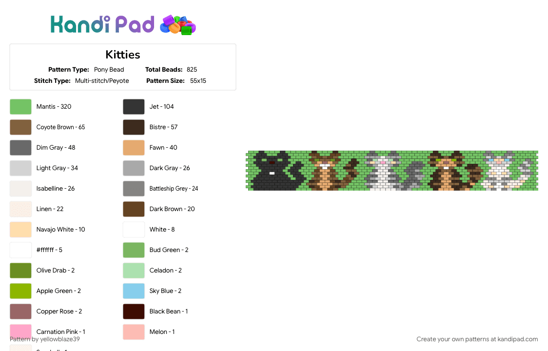 Kitties - Pony Bead Pattern by yellowblaze39 on Kandi Pad - brown, cat, feline, gray, green, kitten, tan