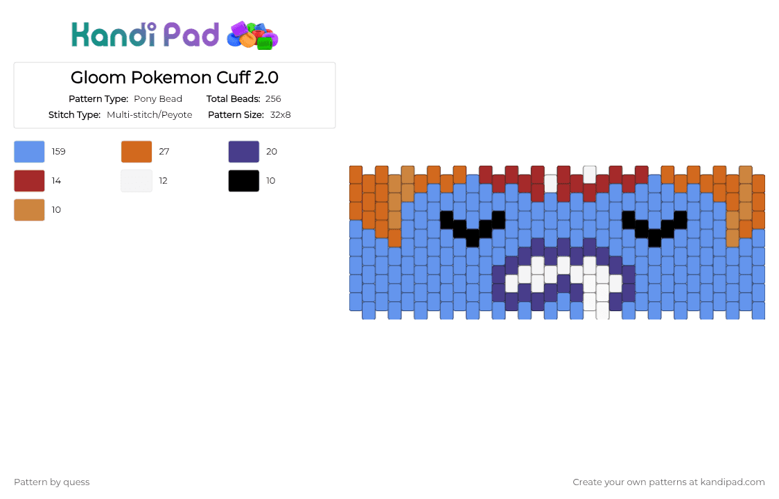 Gloom Pokemon Cuff 2.0 - Pony Bead Pattern by quess on Kandi Pad - light blue,pokemon,character,gloom