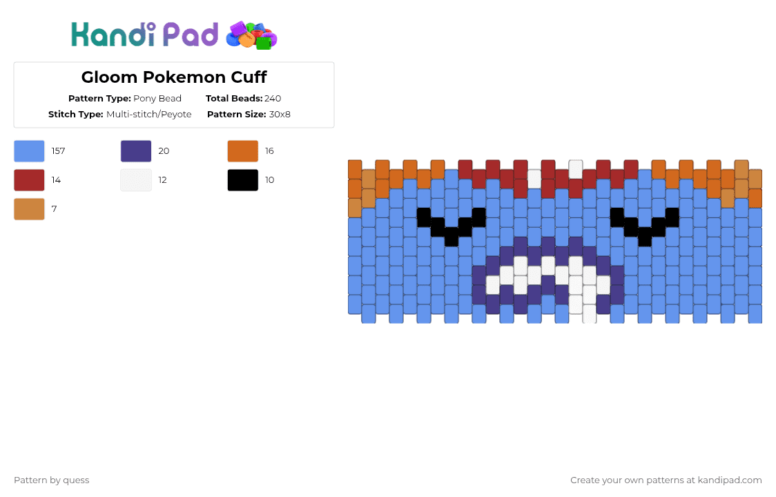 Gloom Pokemon Cuff - Pony Bead Pattern by quess on Kandi Pad - light blue,pokemon,character,gloom