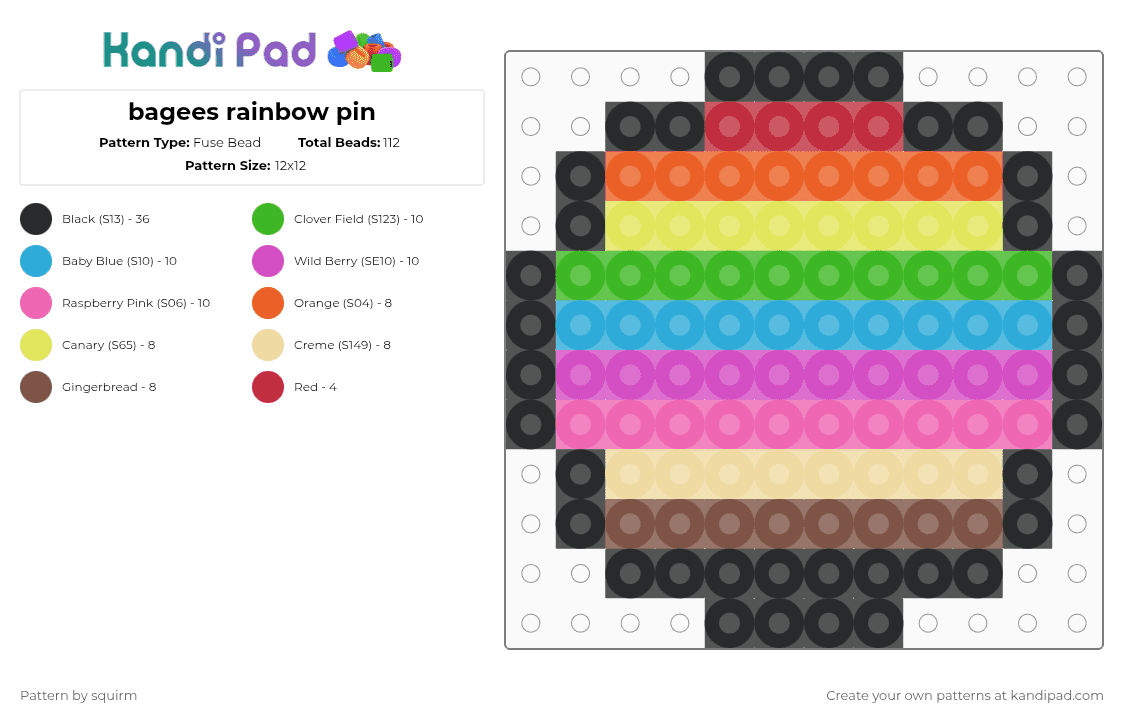 bagees rainbow pin - Fuse Bead Pattern by squirm on Kandi Pad - green,light blue,pink