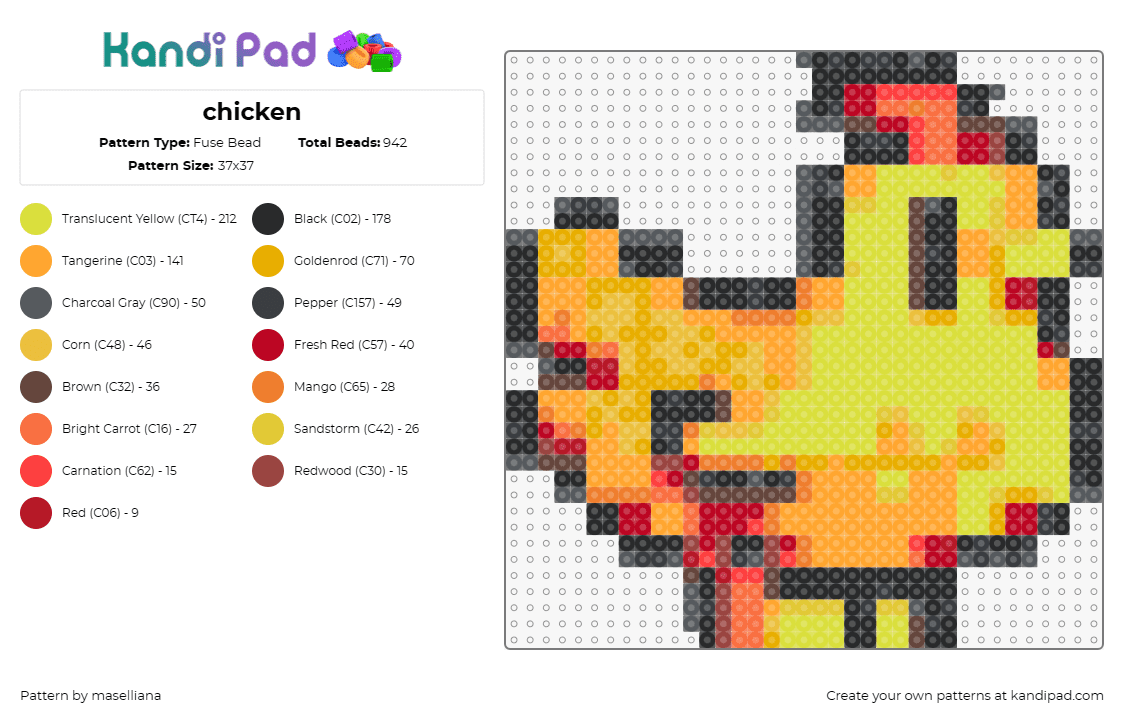 chicken - Fuse Bead Pattern by maselliana on Kandi Pad - chicken,hen,animal,farm,rooster,playful,vibrant,spirited,farmhouse,yellow,orange