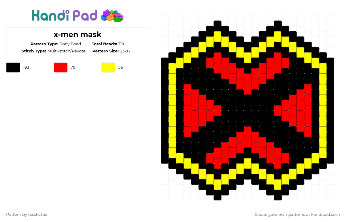 x-men mask - Pony Bead Pattern by tesskattie on Kandi Pad - yellow,red,xmen,mask,marvel