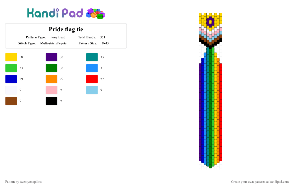 Pride flag tie - Pony Bead Pattern by twentyonepilots on Kandi Pad - green, light blue, purple, yellow