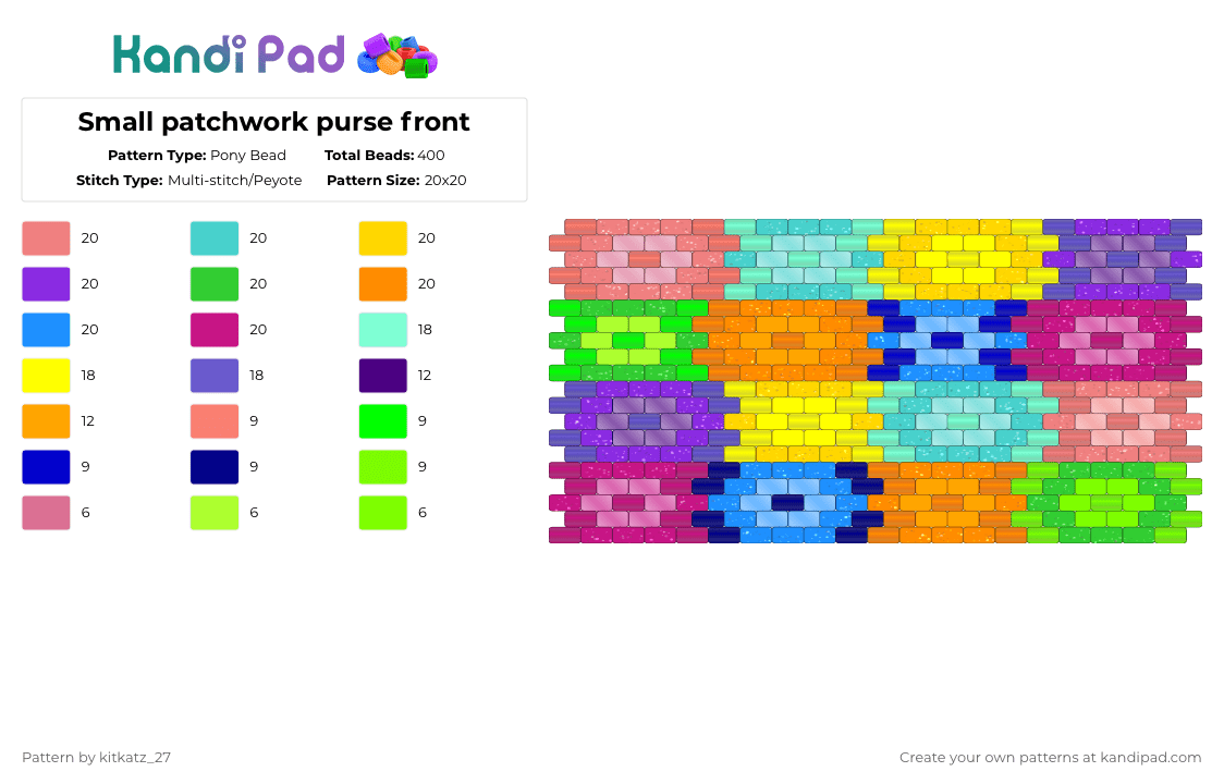 Small patchwork purse front - Pony Bead Pattern by kitkatz_27 on Kandi Pad - light blue,purple,green,colorful