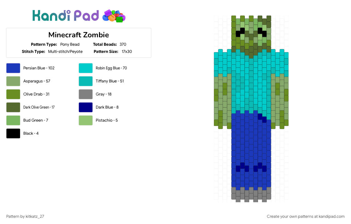 Large Minecraft Zombie - Pony Bead Pattern by kitkatz_27 on Kandi Pad - character, cotdzombies, gaming, green, minecraft, purple, teal, video game, zombie