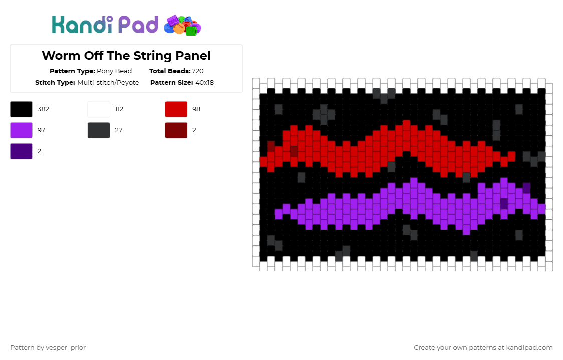 Worm Off The String Panel - Pony Bead Pattern by vesper_prior on Kandi Pad - black,red,purple
