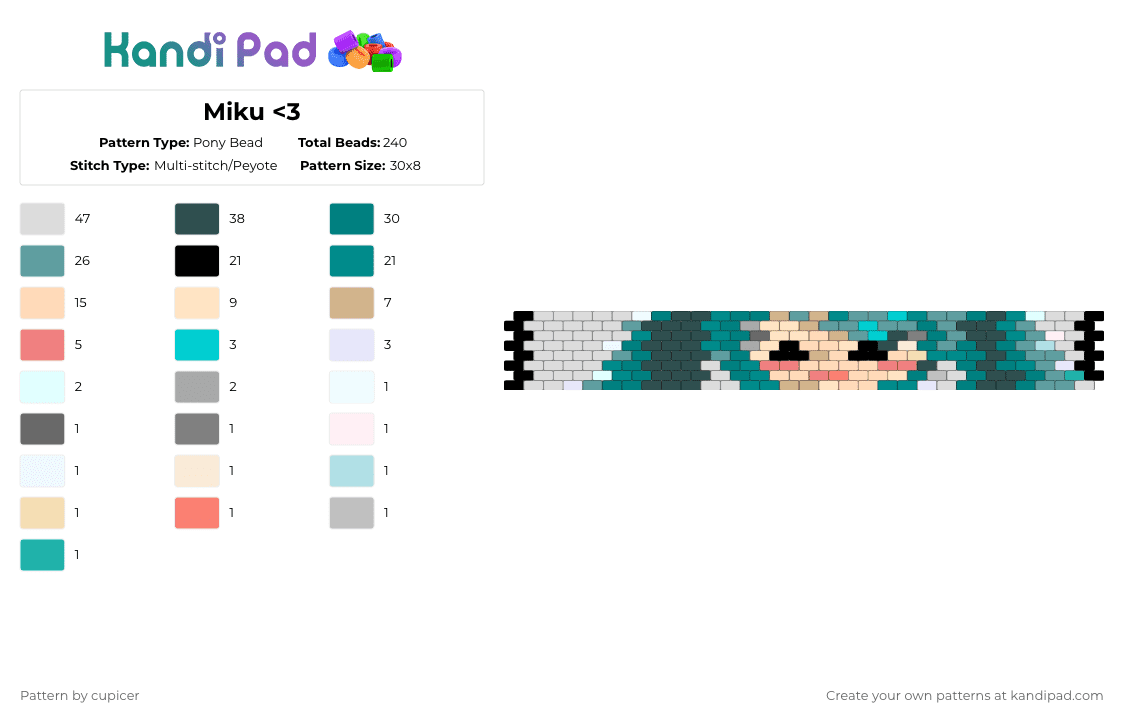 Miku - Pony Bead Pattern by cupicer on Kandi Pad - teal,gray,beige