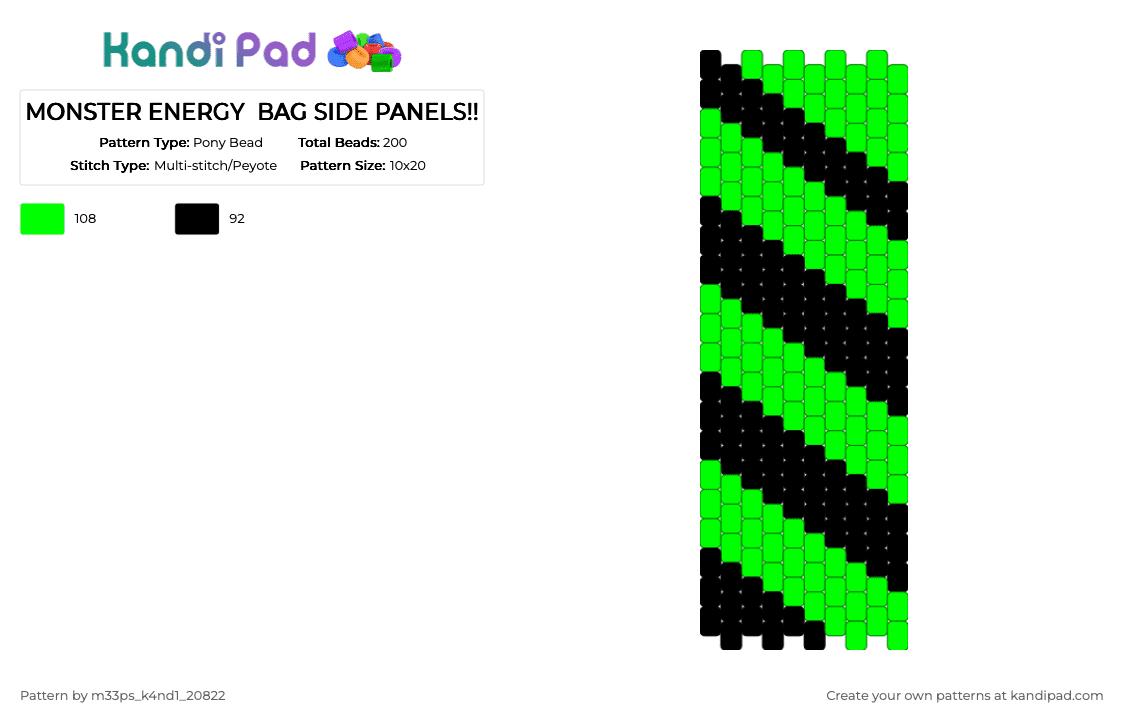 MONSTER ENERGY  BAG SIDE PANELS!! - Pony Bead Pattern by m33ps_k4nd1_20822 on Kandi Pad - black, green