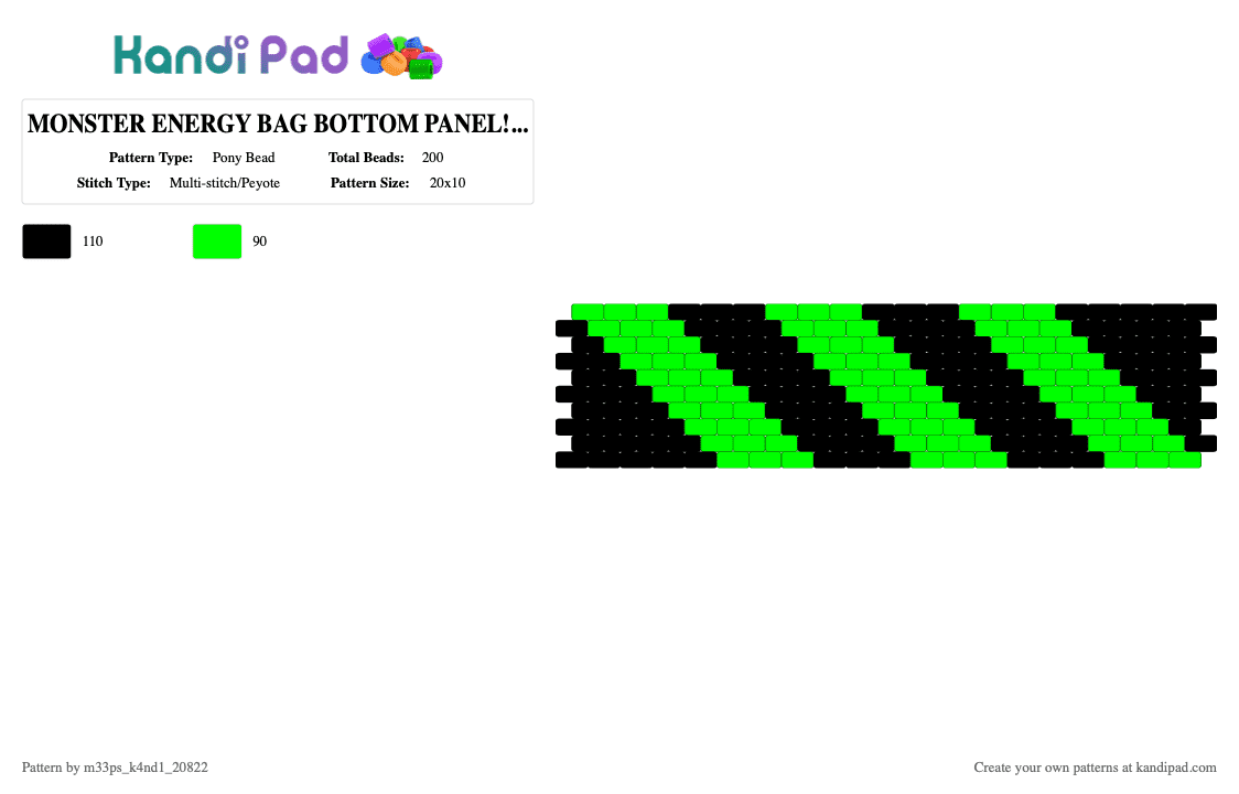 MONSTER ENERGY BAG BOTTOM PANEL! (no top panel in this bag - Pony Bead Pattern by m33ps_k4nd1_20822 on Kandi Pad - black, green