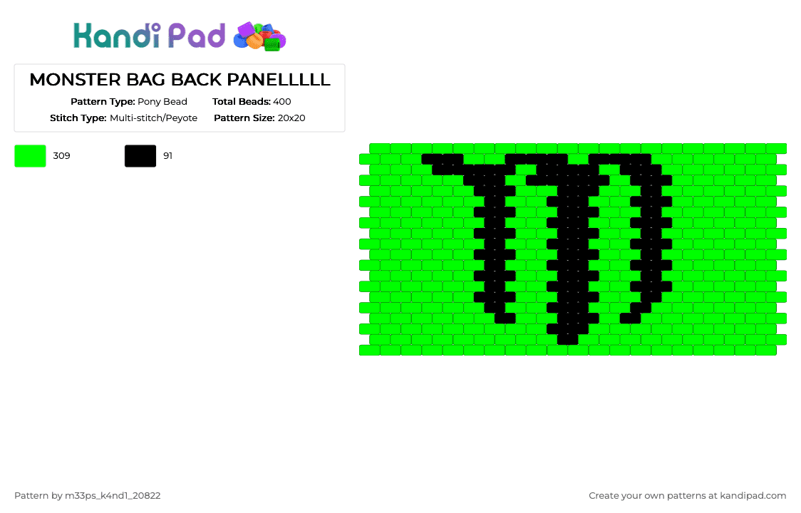 MONSTER BAG BACK PANELLLLL - Pony Bead Pattern by m33ps_k4nd1_20822 on Kandi Pad - green