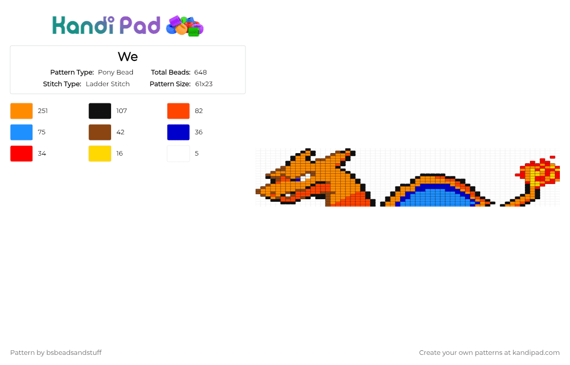 We - Pony Bead Pattern by bsbeadsandstuff on Kandi Pad - charizard,red,orange