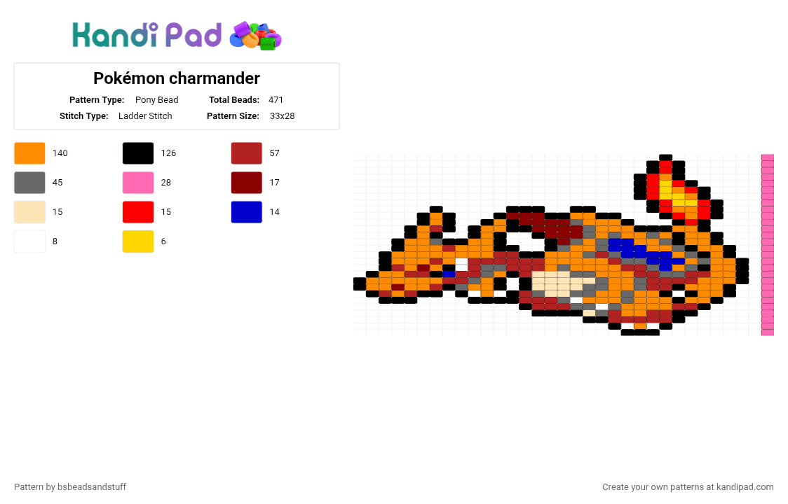 Pokémon charmander - Pony Bead Pattern by bsbeadsandstuff on Kandi Pad - orange,red,gray