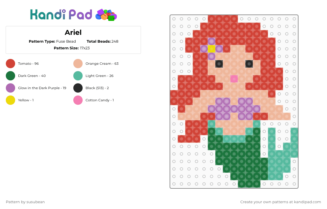Ariel - Fuse Bead Pattern by susubean on Kandi Pad - red,green,beige
