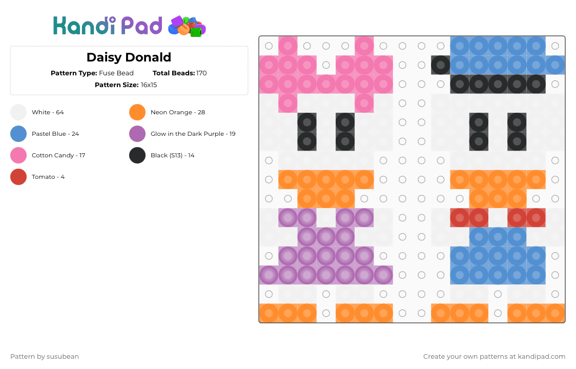 Daisy Donald - Fuse Bead Pattern by susubean on Kandi Pad - pink,orange,light blue
