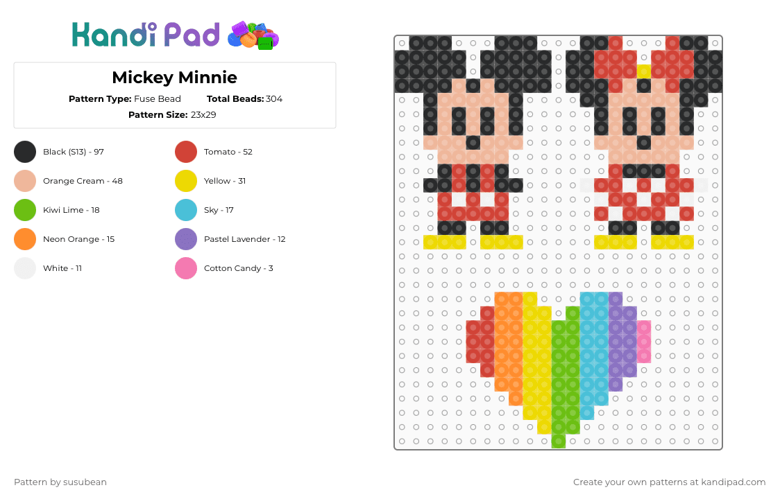 Mickey Minnie - Fuse Bead Pattern by susubean on Kandi Pad - red,yellow,beige