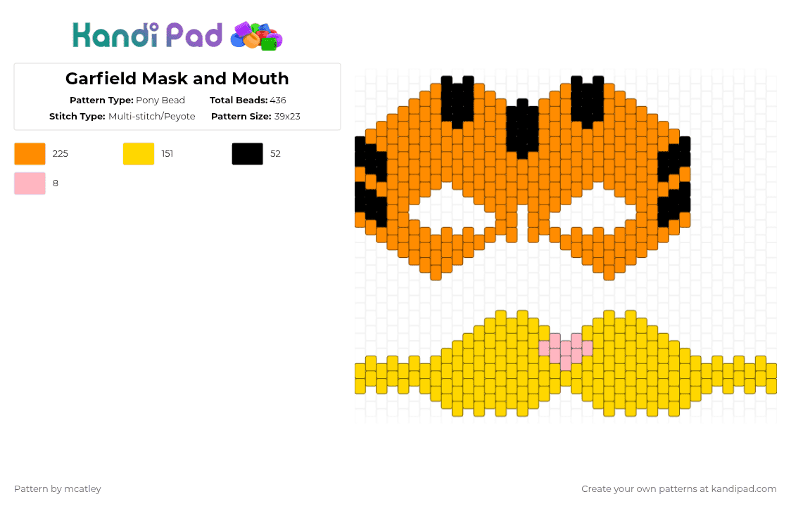 Garfield Mask and Mouth - Pony Bead Pattern by mcatley on Kandi Pad - orange,yellow