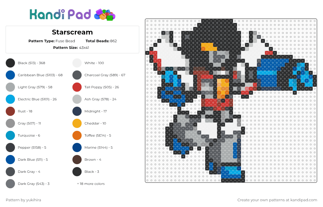 Starscream - Fuse Bead Pattern by yukihira on Kandi Pad - starscream,transformers,robot,toy,cartoon,movie,video game,tv show,gaming,black,gray,blue,light blue,colorful