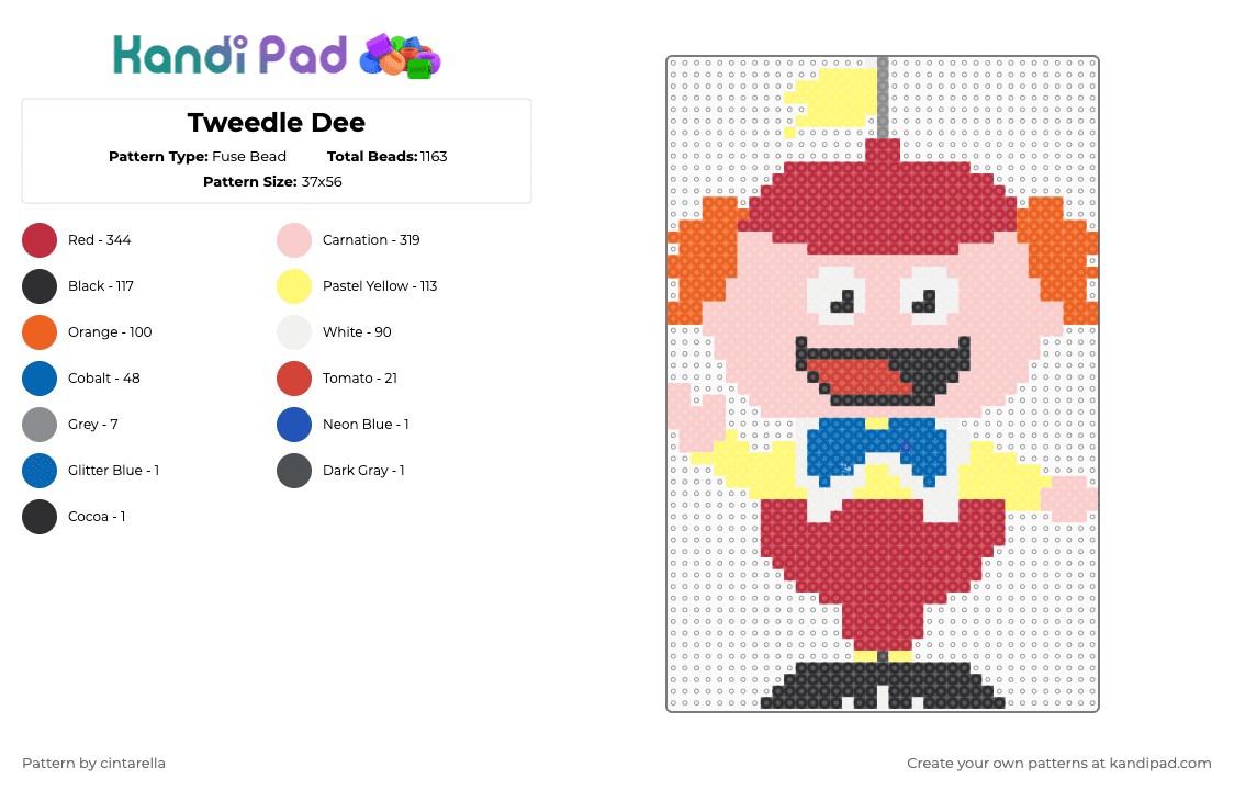 Tweedle Dee - Fuse Bead Pattern by cintarella on Kandi Pad - red,beige,alice in wonderland,tweedle dee,tweedle dum,beyond wonderland,movies