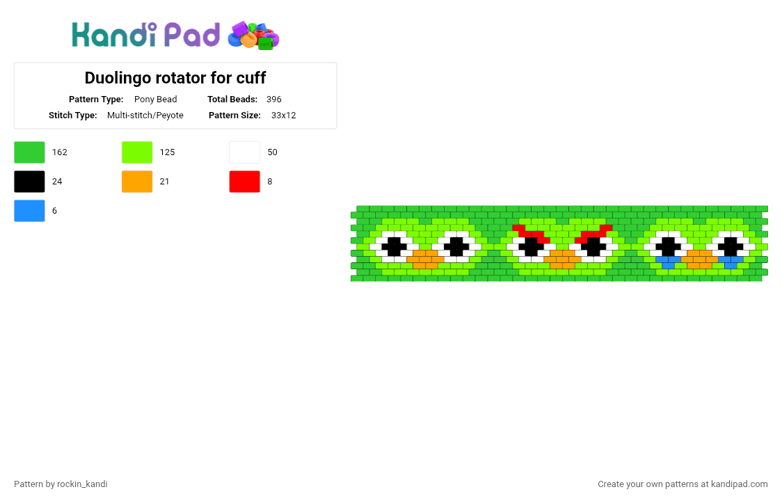 Duolingo rotator for cuff - Pony Bead Pattern by rockin_kandi on Kandi Pad - green