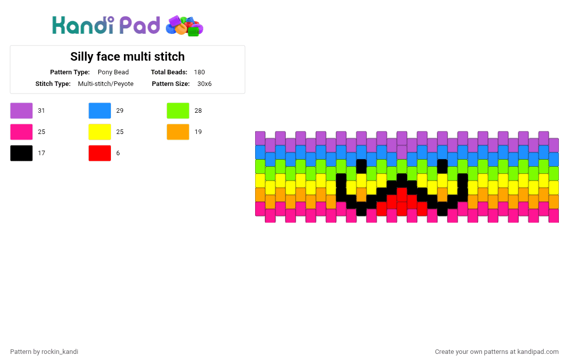 Silly face multi stitch - Pony Bead Pattern by rockin_kandi on Kandi Pad - green,pink,yellow,light blue