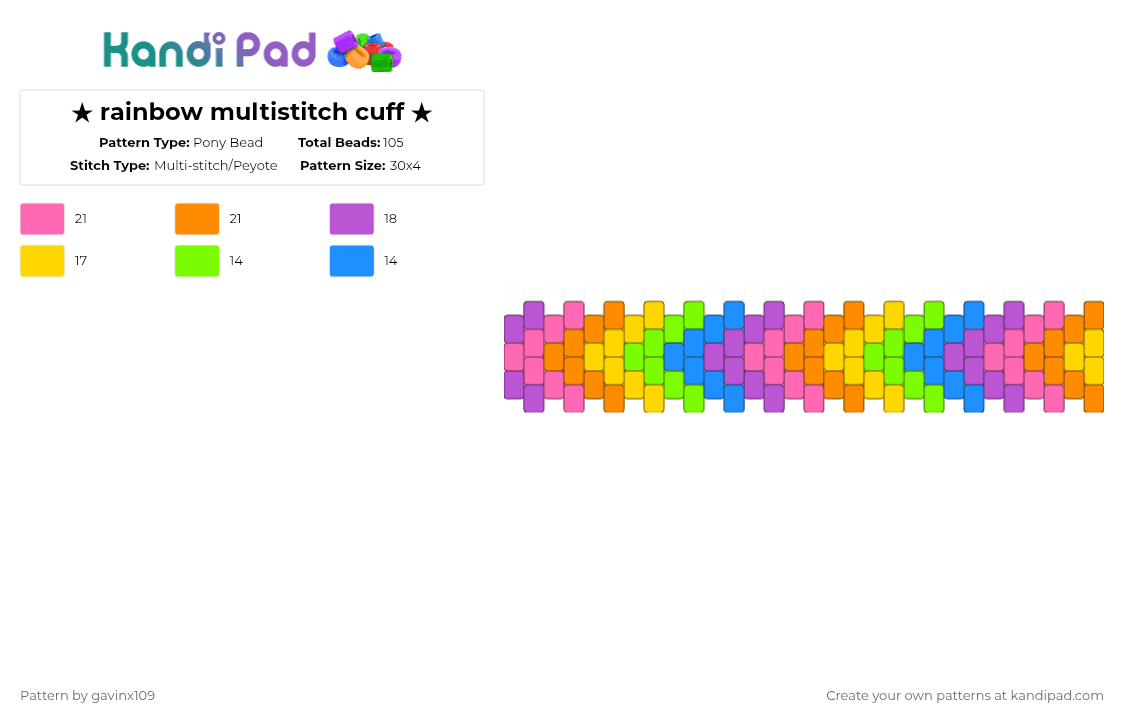 ★ rainbow multistitch cuff ★ - Pony Bead Pattern by gavinx109 on Kandi Pad - pink,orange,rainbow,cuff,multistitch,zigzag,neon
