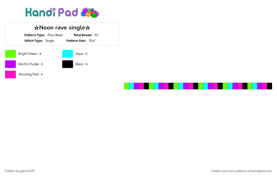 ☆Neon rave single☆ - Pony Bead Pattern by gavinx109 on Kandi Pad - colorful, green, light blue, neon, pink, purple, rave