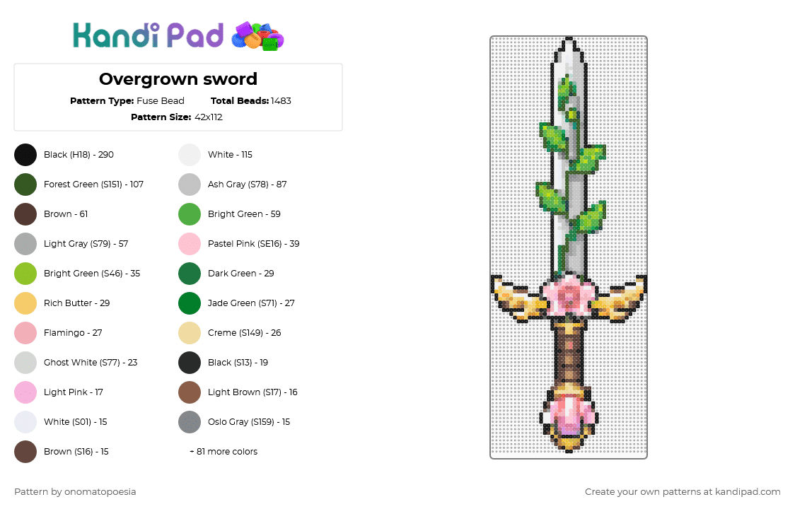 Overgrown sword - Fuse Bead Pattern by onomatopoesia on Kandi Pad - beige,gold,pink,tan,colorful,sword,dagger,nature,rose,magical,whimsy,magic