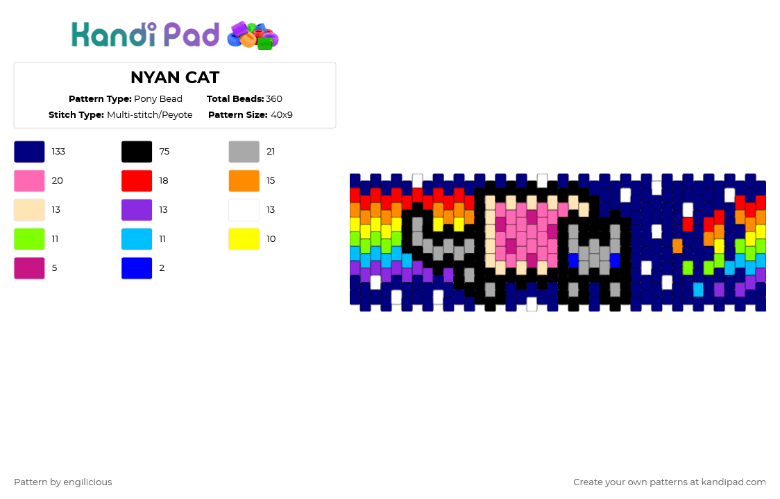 NYAN CAT - Pony Bead Pattern by engilicious on Kandi Pad - purple,beige,nyan cat,cuff,nyan,cat,rainbow,pony bead