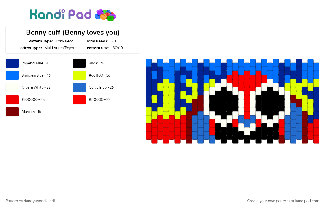 Benny cuff (Benny loves you) - Pony Bead Pattern by dandysworldkandi on Kandi Pad - blue, purple, red