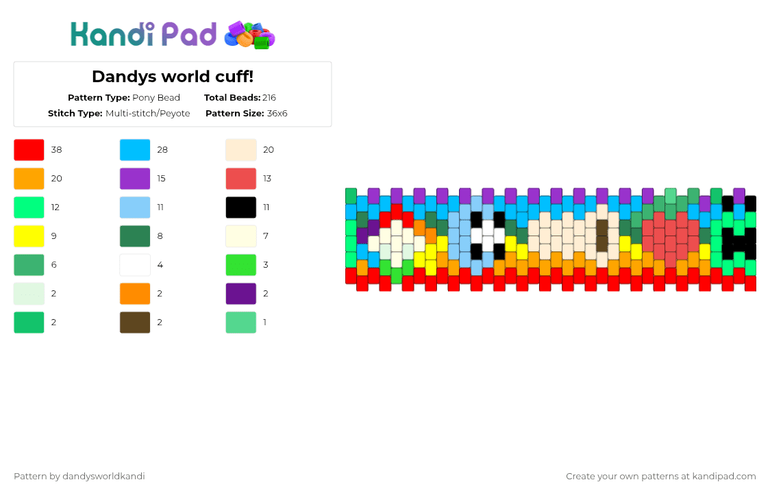 Dandys world cuff! - Pony Bead Pattern by dandysworldkandi on Kandi Pad - red,orange,light blue,beige