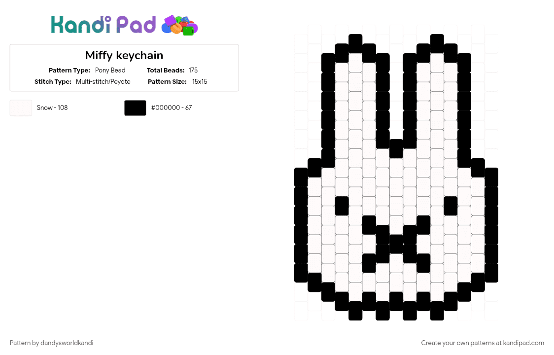 Miffy keychain - Pony Bead Pattern by dandysworldkandi on Kandi Pad - black, white