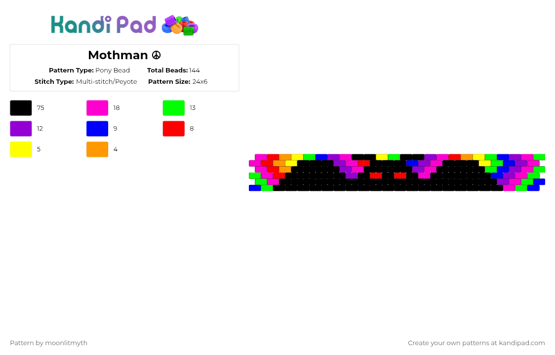 Mothman ☮ - Pony Bead Pattern by moonlitmyth on Kandi Pad - black,pink,green,purple