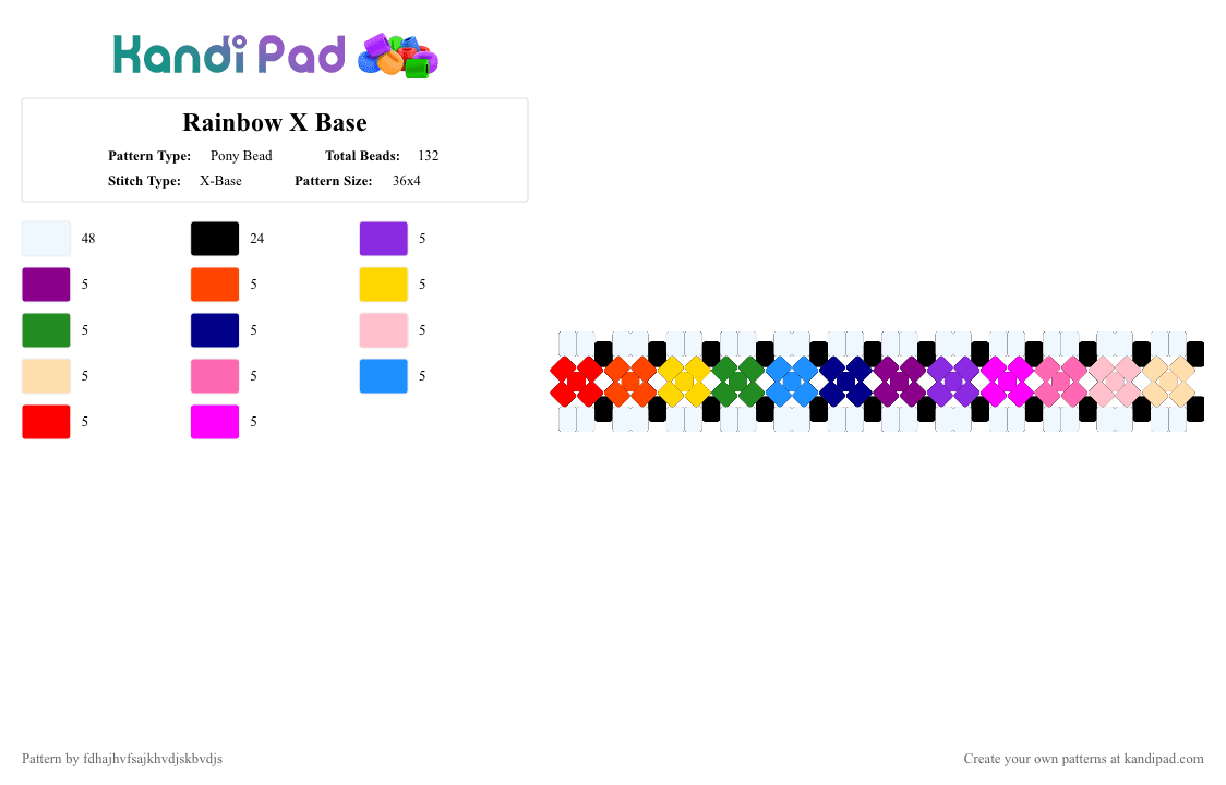 Rainbow X Base - Pony Bead Pattern by fdhajhvfsajkhvdjskbvdjs on Kandi Pad - white,purple,pink,red