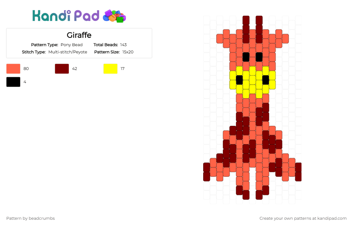 Giraffe - Pony Bead Pattern by beadcrumbs on Kandi Pad - red,brick stitch,giraffe,mini pattern,cute pattern,easy pattern,animal pattern,seed beads