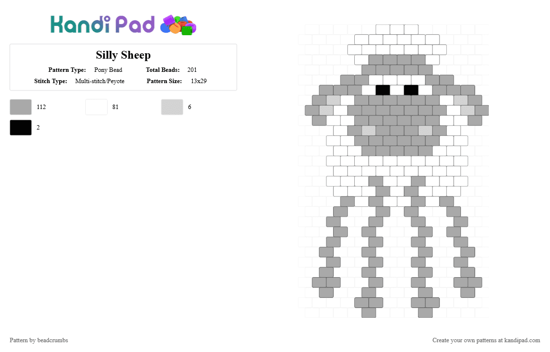 Silly Sheep 1 - Pony Bead Pattern by beadcrumbs on Kandi Pad - animal pattern, beige, brick stitch, easy patterns, sheep pattern, white