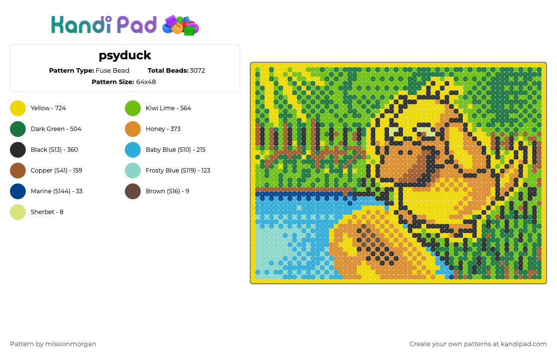 psyduck - Fuse Bead Pattern by missionmorgan on Kandi Pad - yellow,green,orange,pokemon,psyduck