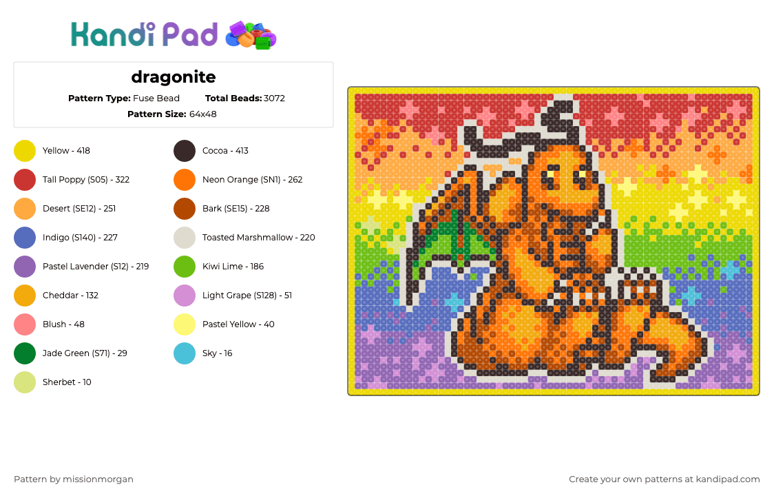 dragonite - Fuse Bead Pattern by missionmorgan on Kandi Pad - yellow,red,brown,orange,pokemon,dragonite