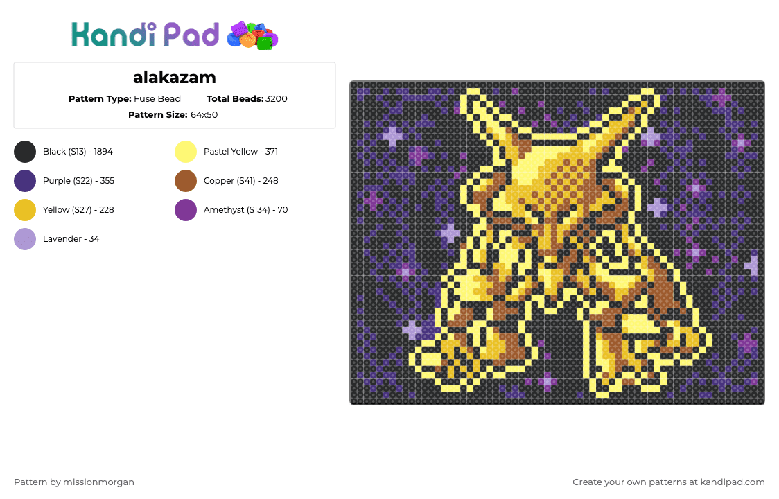 alakazam - Fuse Bead Pattern by missionmorgan on Kandi Pad - alakazam, black, pokemon, purple, yellow