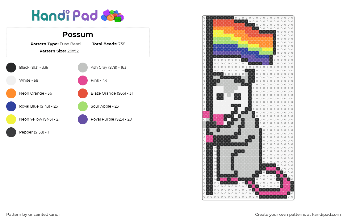 Possum - Fuse Bead Pattern by unsaintedkandi on Kandi Pad - possum,flag,pride,animal,community,support,colorful,gray