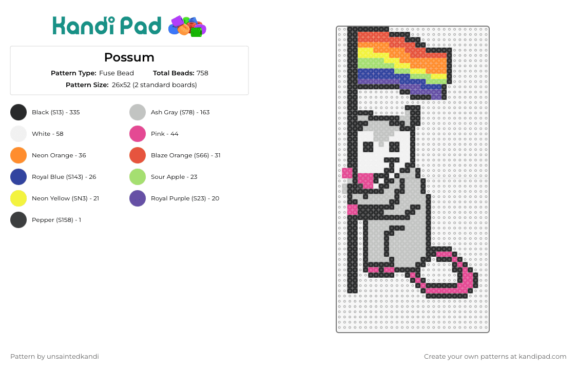 Possum - Fuse Bead Pattern by unsaintedkandi on Kandi Pad - possum,flag,pride,animal,community,support,colorful,gray