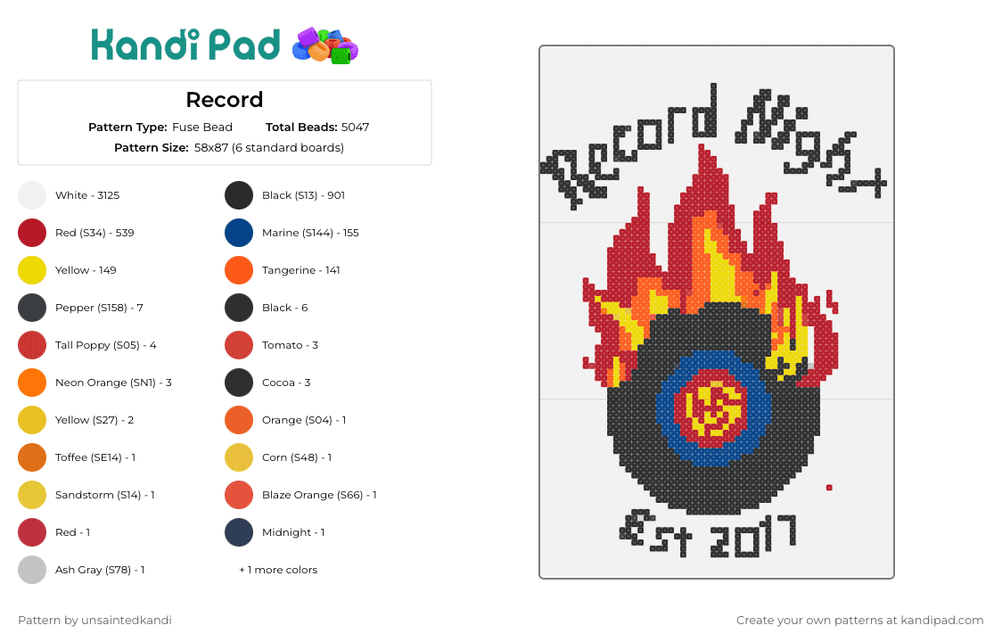 Record - Fuse Bead Pattern by unsaintedkandi on Kandi Pad - record,fire,flames,music,sign,text,orange,red,black