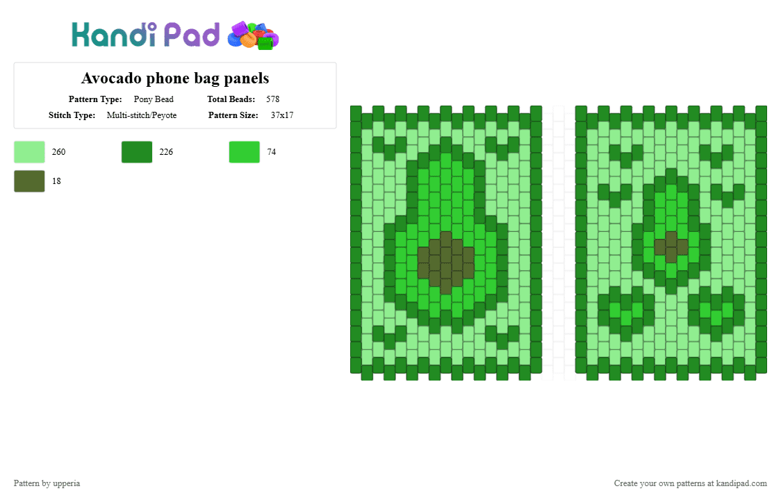 Avocado phone bag panels - Pony Bead Pattern by upperia on Kandi Pad - green,teal,avocado,phone bag,hearts